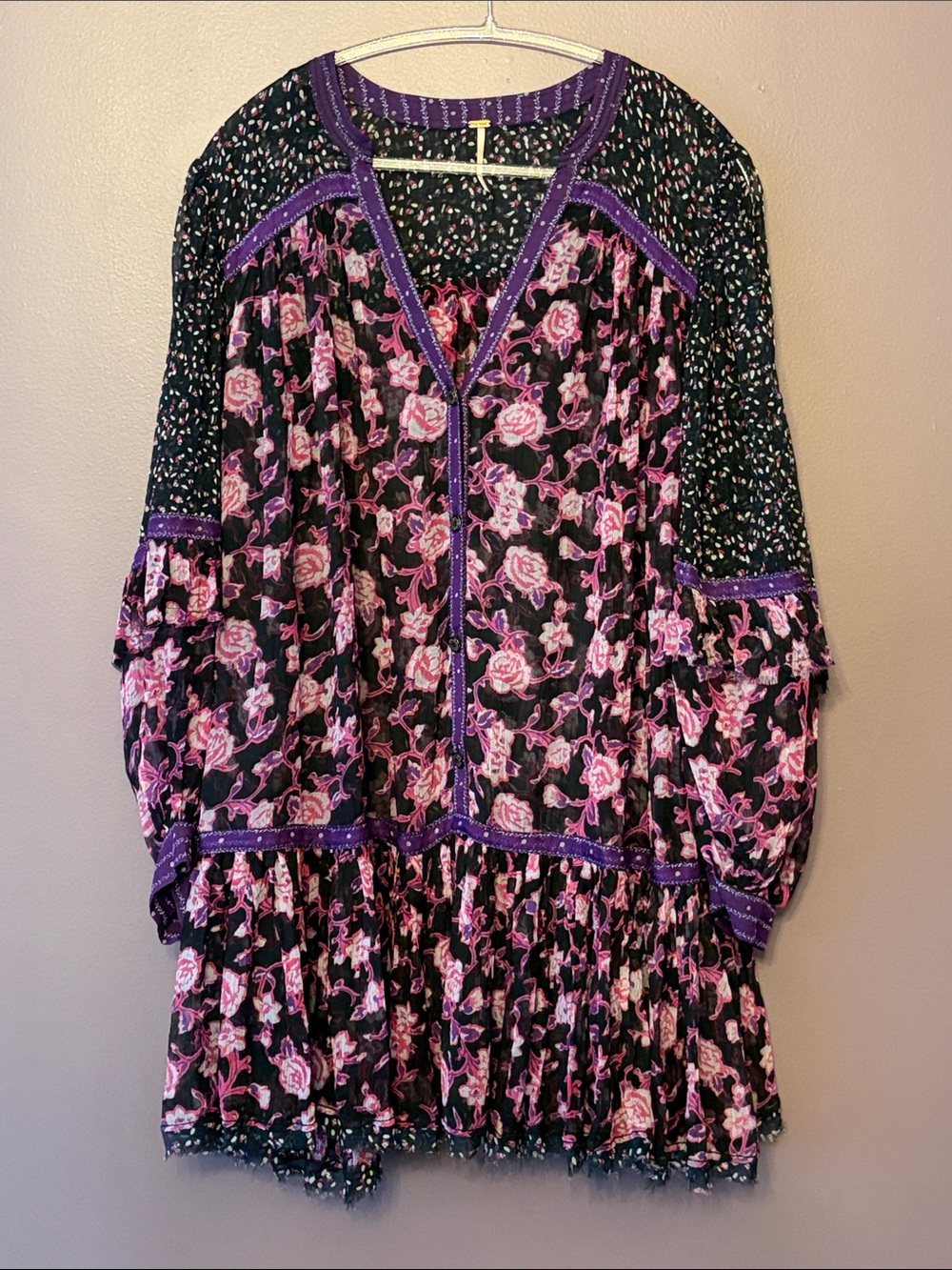 Free People Black, Purple & Pink Rosebud Floral Boho Tunic Dress Size M